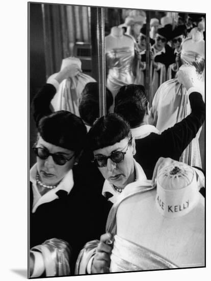 Designer Edith Head Holding Up Material, Working on Costume for a Movie-Allan Grant-Mounted Premium Photographic Print