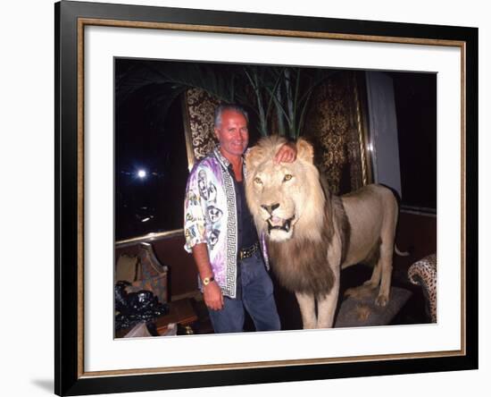 Designer Gianni Versace Beside Stuffed Lion at Sly Stalone's Home-null-Framed Premium Photographic Print