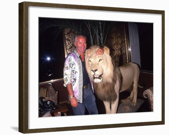 Designer Gianni Versace Beside Stuffed Lion at Sly Stalone's Home-null-Framed Premium Photographic Print