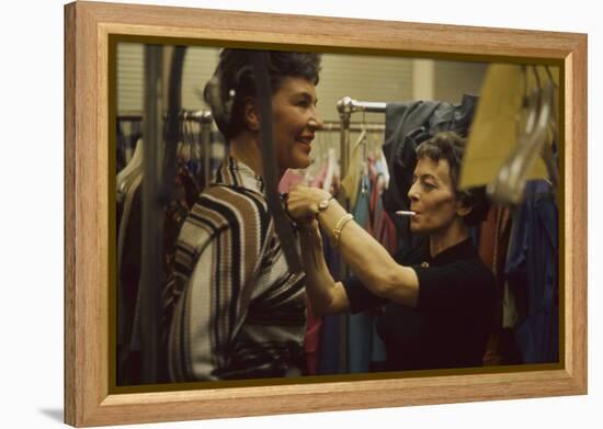 Designer's Aide Fritzi De Majo, of Sacony, Adjusts the Model's Clothing, New York, NY, 1960-Walter Sanders-Framed Premier Image Canvas