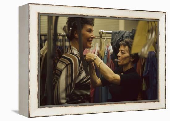 Designer's Aide Fritzi De Majo, of Sacony, Adjusts the Model's Clothing, New York, NY, 1960-Walter Sanders-Framed Premier Image Canvas