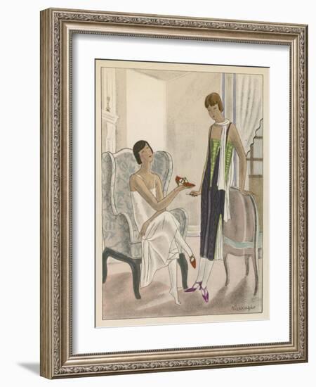 Designs by Perugia: White Strapless Dress with Red and Gold Shoes-Jean Grangier-Framed Art Print