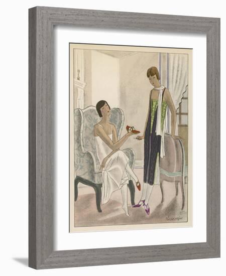 Designs by Perugia: White Strapless Dress with Red and Gold Shoes-Jean Grangier-Framed Art Print