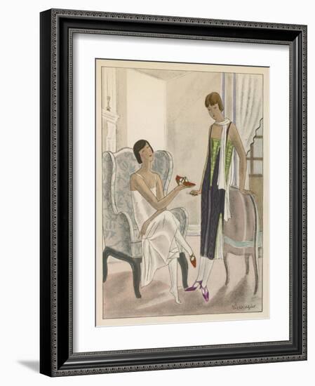 Designs by Perugia: White Strapless Dress with Red and Gold Shoes-Jean Grangier-Framed Art Print