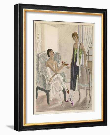 Designs by Perugia: White Strapless Dress with Red and Gold Shoes-Jean Grangier-Framed Art Print