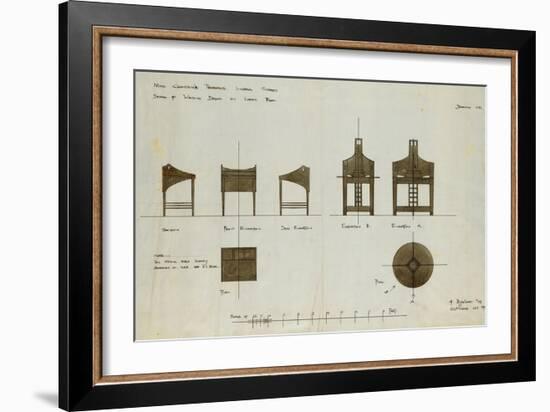 Designs for Writing Desks Shown in Front and Side Elevation, 1909, for the Ingram Street Tea Rooms-Charles Rennie Mackintosh-Framed Giclee Print