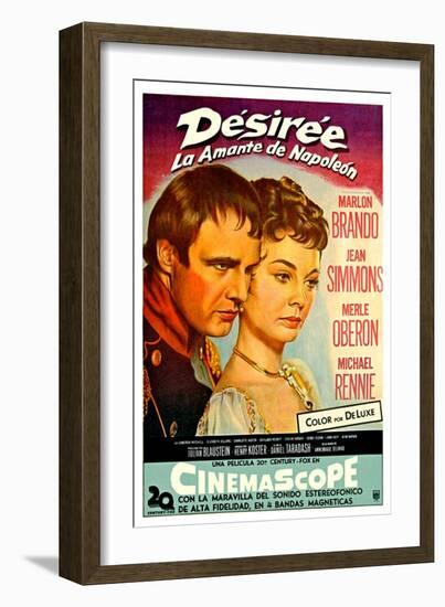 Desiree, Marlon Brando as Napoleon, Jean Simmons, (Spanish Poster Art), 1954-null-Framed Art Print