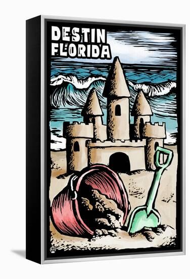 Destin, Florida - Sandcastle - Scratchboard-Lantern Press-Framed Stretched Canvas