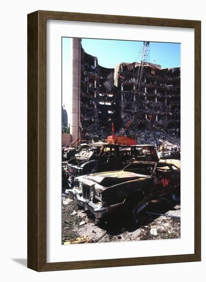 Destroyed Automobiles Near the Bombed Alfred Murrah Federal Building, 1995-null-Framed Photo