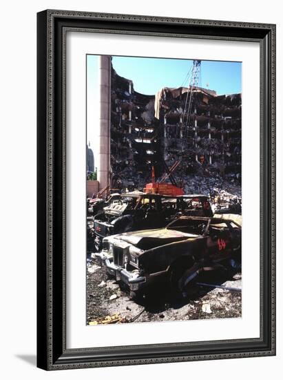 Destroyed Automobiles Near the Bombed Alfred Murrah Federal Building, 1995-null-Framed Photo