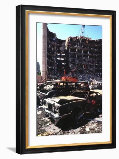 Destroyed Automobiles Near the Bombed Alfred Murrah Federal Building, 1995-null-Framed Photo