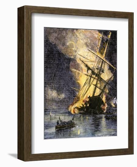 Destruction of British Frigate, Sharon, during the Battle of Yorktown, c.1781-null-Framed Giclee Print