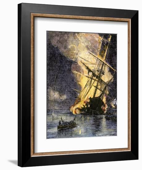 Destruction of British Frigate, Sharon, during the Battle of Yorktown, c.1781-null-Framed Giclee Print