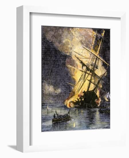 Destruction of British Frigate, Sharon, during the Battle of Yorktown, c.1781-null-Framed Giclee Print