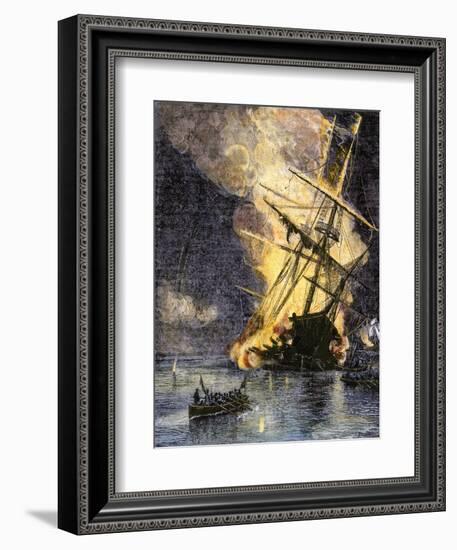 Destruction of British Frigate, Sharon, during the Battle of Yorktown, c.1781-null-Framed Giclee Print