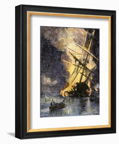 Destruction of British Frigate, Sharon, during the Battle of Yorktown, c.1781-null-Framed Giclee Print