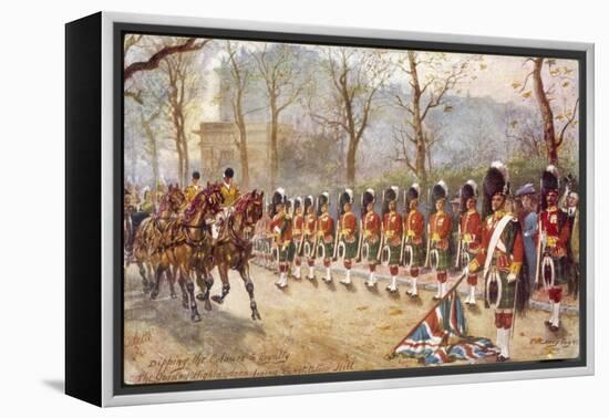 Detachment of Gordon Highlanders Dip the Colours to Passing Royalty Near Buckingham Palace-Harry Payne-Framed Stretched Canvas