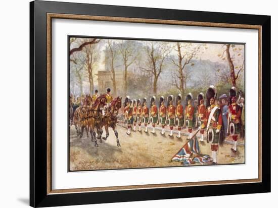 Detachment of Gordon Highlanders Dip the Colours to Passing Royalty Near Buckingham Palace-Harry Payne-Framed Art Print