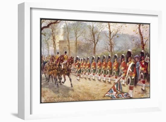 Detachment of Gordon Highlanders Dip the Colours to Passing Royalty Near Buckingham Palace-Harry Payne-Framed Art Print