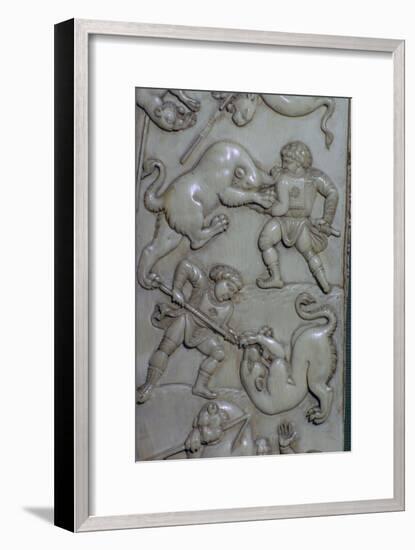 Detail from an ivory diptych of men fighting lions, 6th century. Artist: Unknown-Unknown-Framed Giclee Print