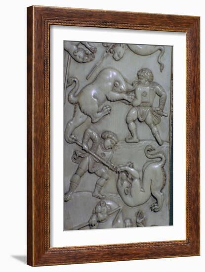 Detail from an ivory diptych of men fighting lions, 6th century. Artist: Unknown-Unknown-Framed Giclee Print