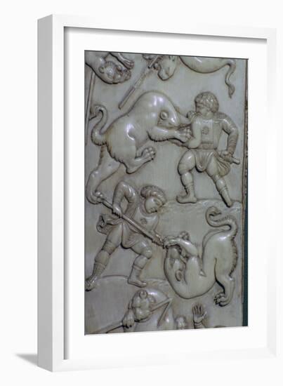 Detail from an ivory diptych of men fighting lions, 6th century. Artist: Unknown-Unknown-Framed Giclee Print
