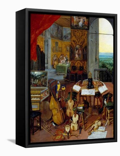 Detail Hearing Representing Musical Instruments (Cello, Violin, Lute, Flute, Harpsichord), 1618 (Oi-Jan the Elder Brueghel-Framed Premier Image Canvas