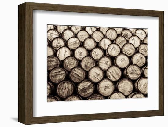 Detail Monochrome View of Stacked Wine and Whisky Wooden Barrels-MartinM303-Framed Photographic Print