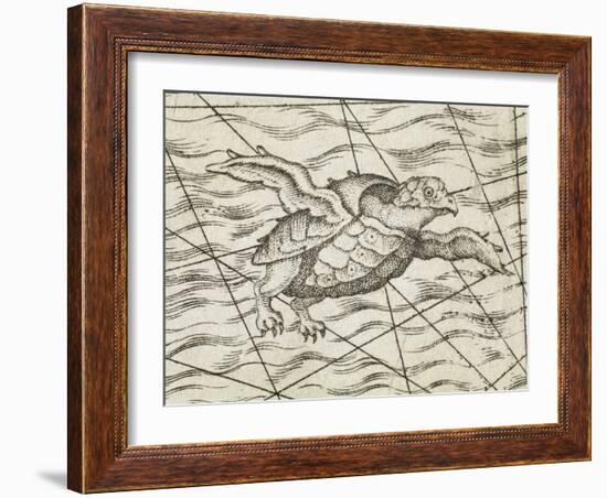 Detail of a flying turtle on a map of northern Europe-Italian-Framed Giclee Print