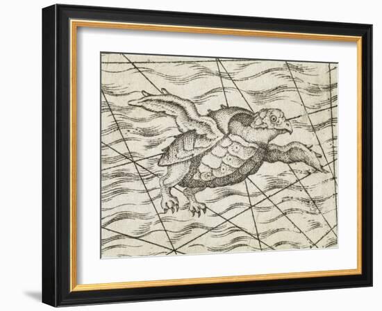 Detail of a flying turtle on a map of northern Europe-Italian-Framed Giclee Print