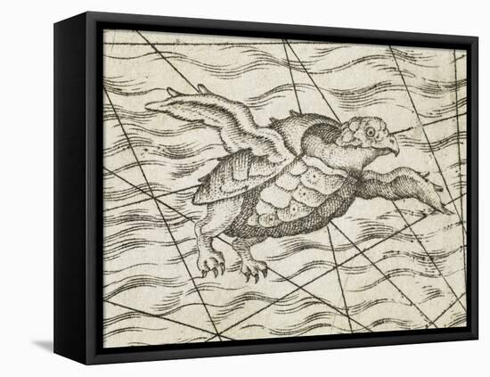 Detail of a flying turtle on a map of northern Europe-Italian-Framed Premier Image Canvas