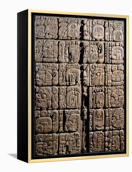 Detail of a Mayan low-relief carved wood lintel from Temple IV at Tikal, Guatemala, c743-Werner Forman-Framed Premier Image Canvas