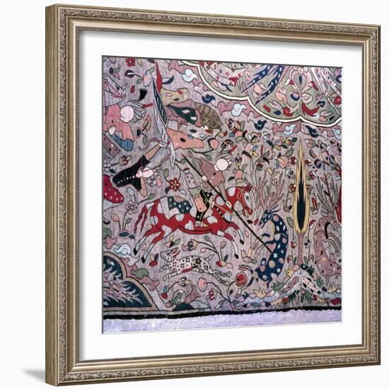 Detail of a Persian style carpet showing hunters on horseback-Werner Forman-Framed Giclee Print