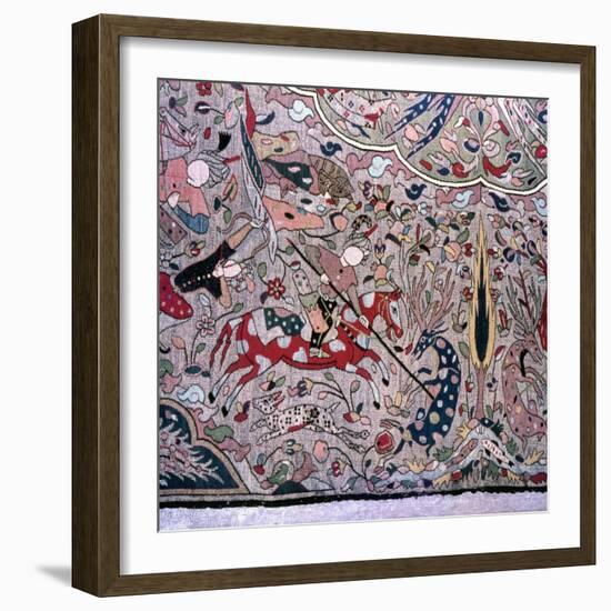 Detail of a Persian style carpet showing hunters on horseback-Werner Forman-Framed Giclee Print