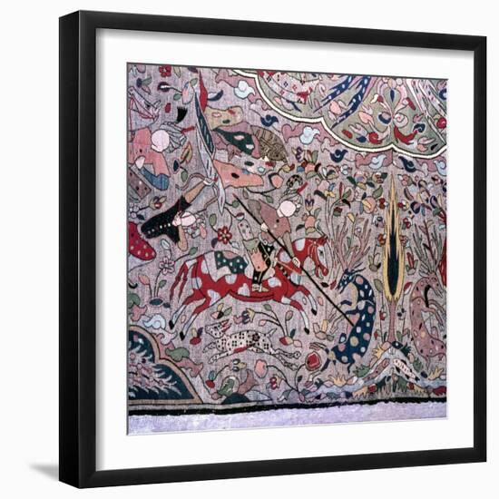 Detail of a Persian style carpet showing hunters on horseback-Werner Forman-Framed Giclee Print
