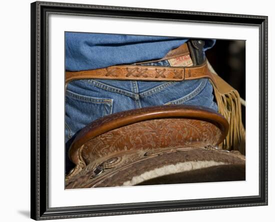 Detail of Back of Cowboy's Saddle, Jeans and Chaps, Sombrero Ranch, Craig, Colorado, USA-Carol Walker-Framed Photographic Print