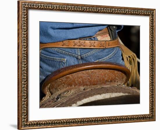 Detail of Back of Cowboy's Saddle, Jeans and Chaps, Sombrero Ranch, Craig, Colorado, USA-Carol Walker-Framed Photographic Print