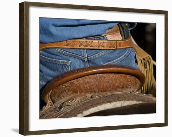 Detail of Back of Cowboy's Saddle, Jeans and Chaps, Sombrero Ranch, Craig, Colorado, USA-Carol Walker-Framed Photographic Print
