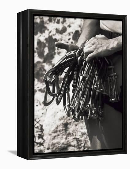 Detail of Hands with Climbing Equipments-Paul Sutton-Framed Premier Image Canvas