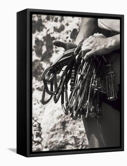 Detail of Hands with Climbing Equipments-Paul Sutton-Framed Premier Image Canvas