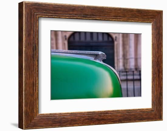 Detail of hood ornament on green classic American Pontiac car in Habana, Havana, Cuba.-Janis Miglavs-Framed Photographic Print