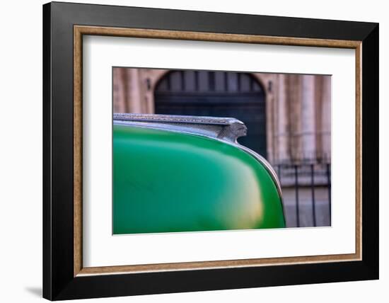 Detail of hood ornament on green classic American Pontiac car in Habana, Havana, Cuba.-Janis Miglavs-Framed Photographic Print