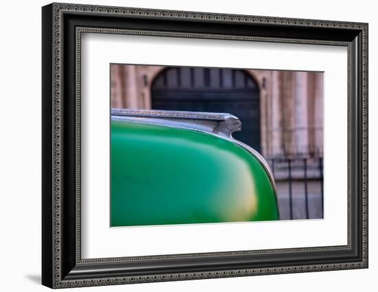 Detail of hood ornament on green classic American Pontiac car in Habana, Havana, Cuba.-Janis Miglavs-Framed Photographic Print