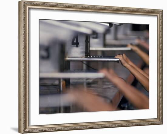Detail of Swimmers About to Start a Backstroke Race-null-Framed Photographic Print