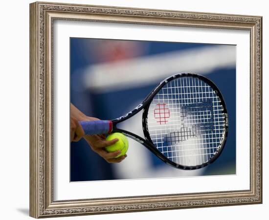 Detail of Tennis Player Holding the Racquet and Ball About to Serve-null-Framed Photographic Print