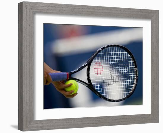 Detail of Tennis Player Holding the Racquet and Ball About to Serve-null-Framed Photographic Print