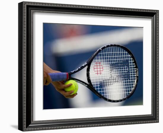 Detail of Tennis Player Holding the Racquet and Ball About to Serve-null-Framed Photographic Print