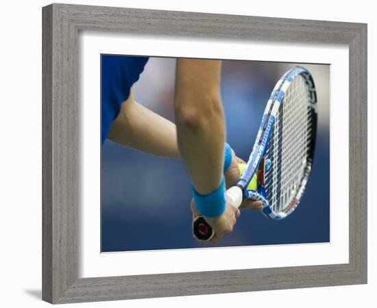 Detail of Tennis Player Holding the Racquet and Ball About to Serve-null-Framed Photographic Print