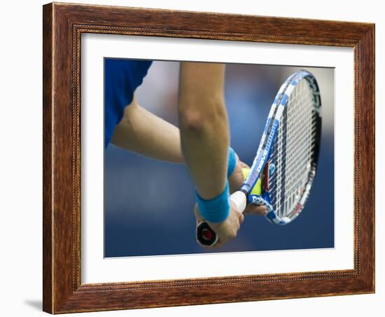 Detail of Tennis Player Holding the Racquet and Ball About to Serve-null-Framed Photographic Print