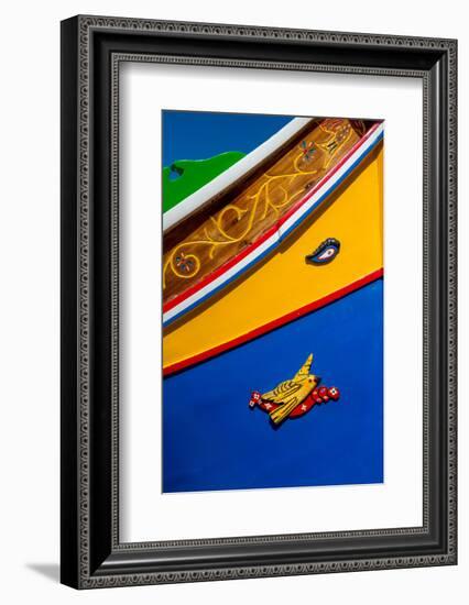 Detail of traditional brightly painted fishing boat in the harbour at Marsaxlokk, Malta, Mediterran-Martin Child-Framed Photographic Print